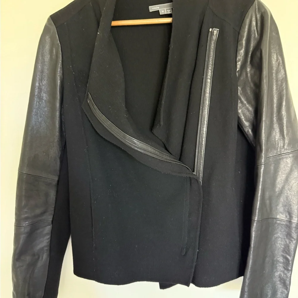 Women's Black Jacket with Leather Sleeves - Picture 5 of 9